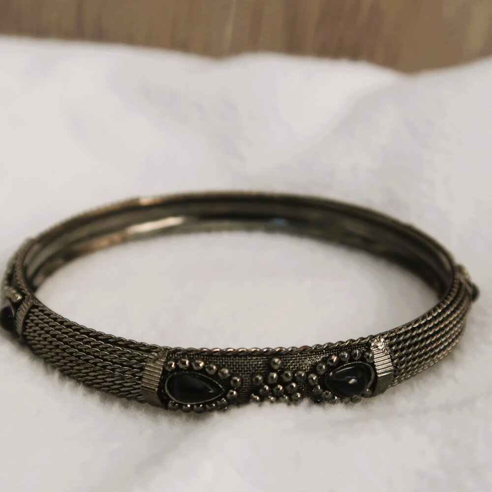 Moody Goth Style Vintage Design Dark Silver Tone Bangle Bracelet 3 Inches Across